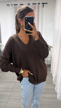 Viskose Mix Pullover mit V-Ausschnitt / braun Art. 16236