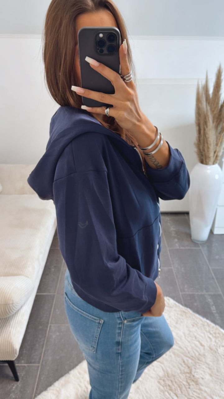 Kapuzen Strick Jacke, silberner Reißverschluss, Taschen / dunkel blau Art. 8744