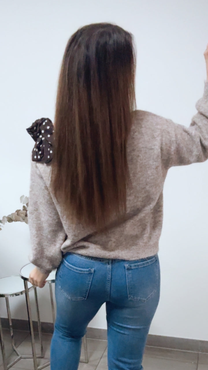 ONE SHOULDER Pullover, Punkte Schleife / taupe - creme meliert Art. 13815