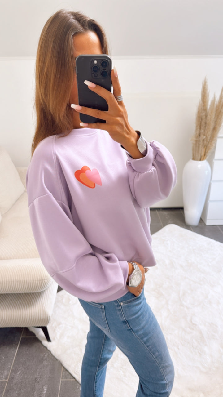 kürzerer Pullover " HEART only positive vibes" / flieder Art. 10858