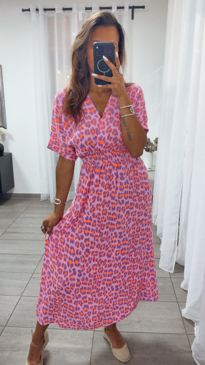 LEO Musselin Midi Sommerkleid, geraffte Taille / Beere - lila - Neon orange Art. 15447