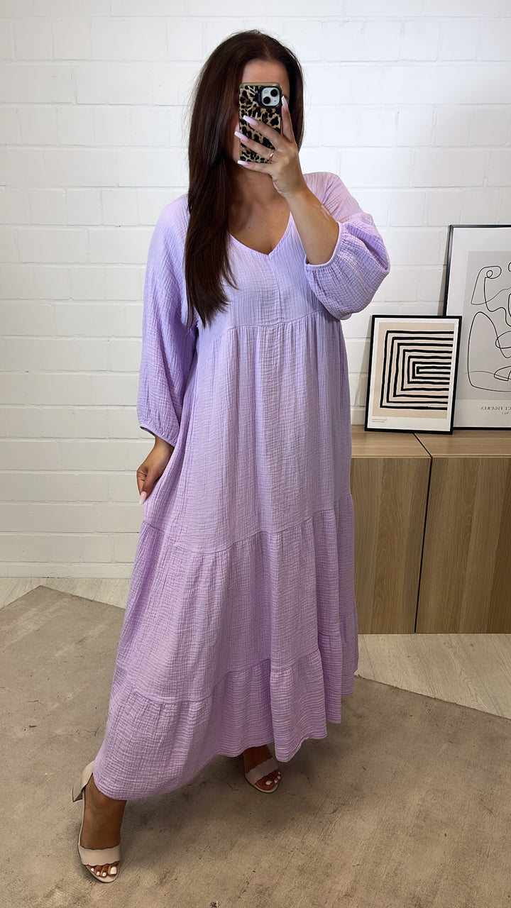 langes Musselin Kleid, Ärmel mit Gummibund / flieder Art. 11223