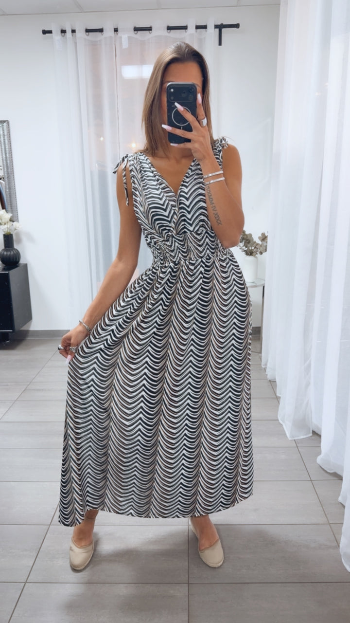 MAXI LINIEN Kleid mit breiten Trägern und geraffter Taille / schwarz - beige - weiß Art.15058