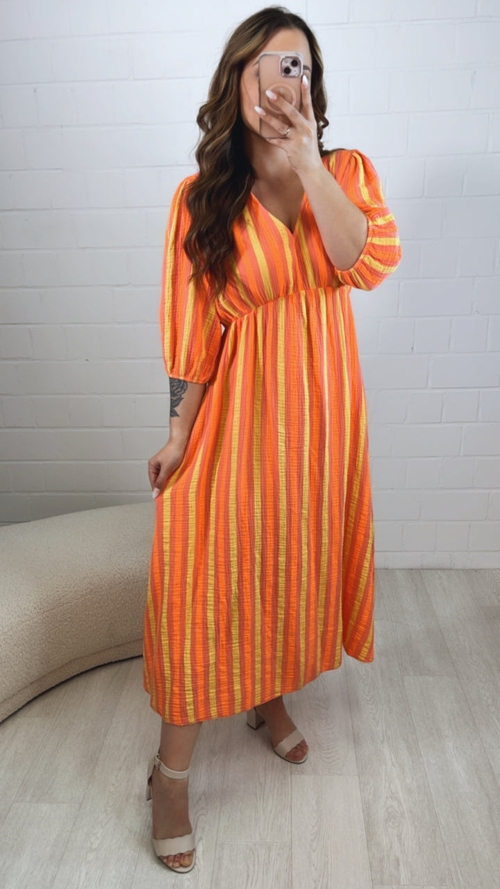 STREIFEN (Midi-) Musselin Kleid, V-Ausschnitt, 3/4 - Ärmel / helle beere - neon orange - gelb Art. 10006