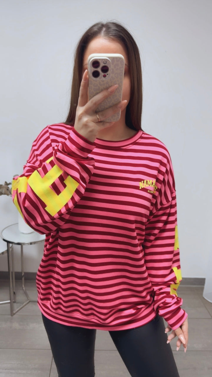 BREITE STREIFEN Pullover " all damn day " / bordeaux rot - pink - neon gelb Art. 13706