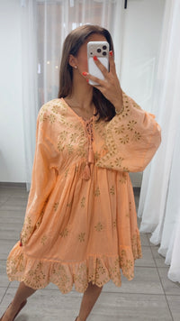 besticktes Boho Kleid " golden bloom " / soft apricot Art. 15539