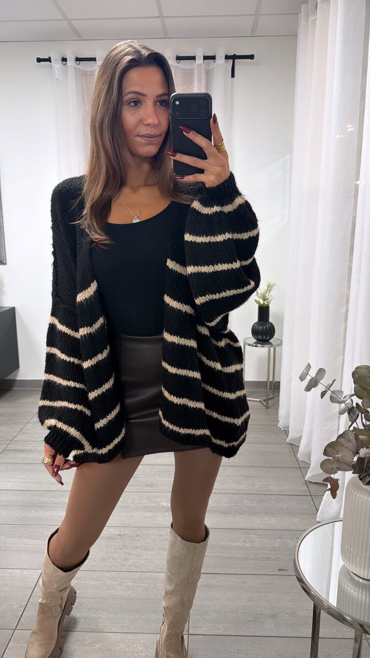 gestreifter, offener Strick Cardigan / schwarz - beige Art. 16694