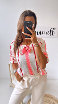 Bluse mit Muster, Bömmel / creme - magenta - neon pink Art. 10386
