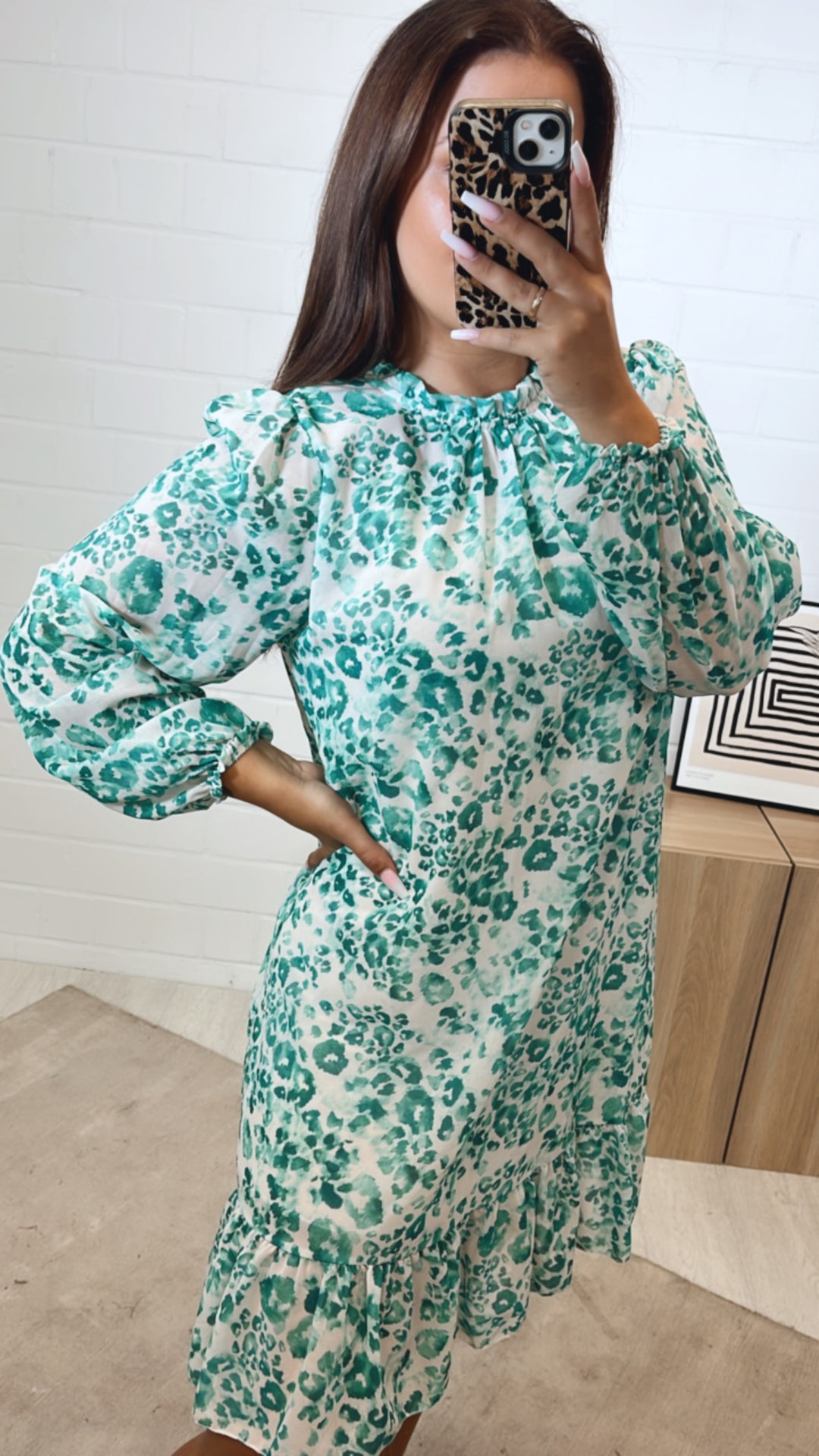 leichtes LEO Kleid mit Unterstoff / creme - türkis Art. 11225