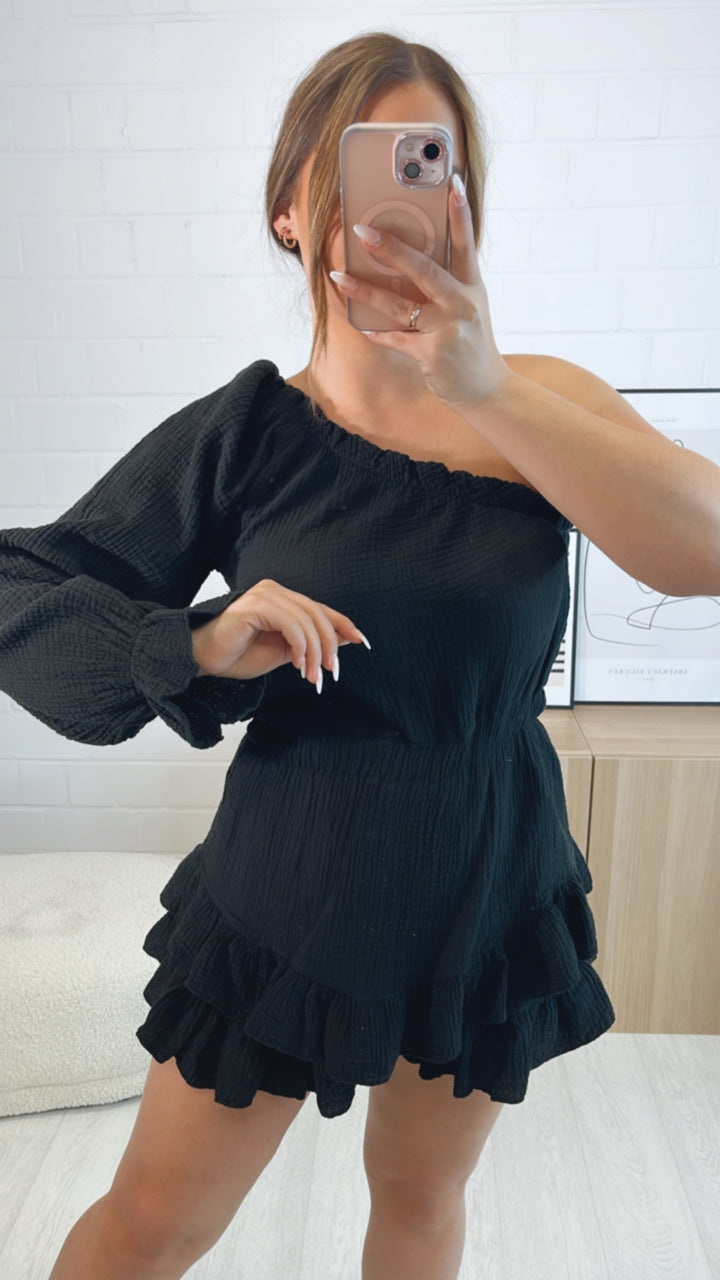 One - shoulder Musselin Jumpsuit / schwarz Art. 9646