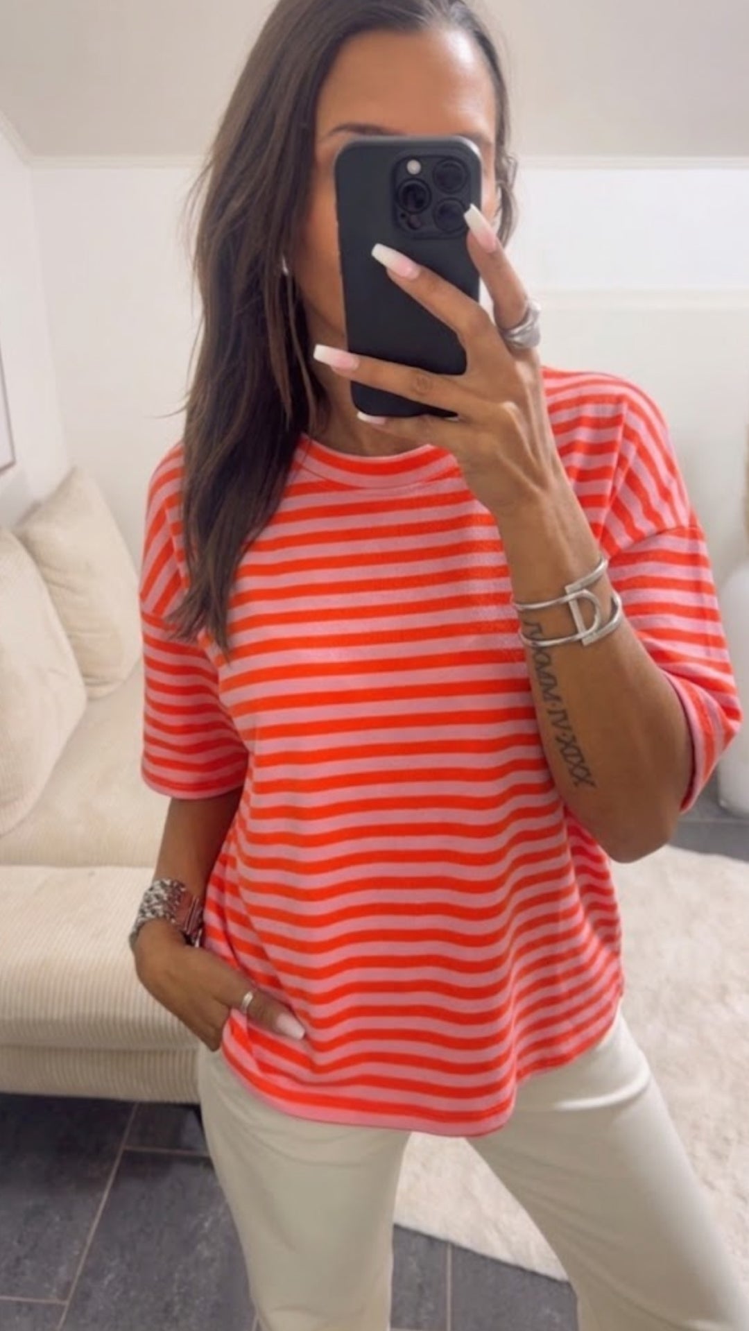 oversize STREIFEN Shirt, used Saum Elemente / rosa - neon orange Art. 15487