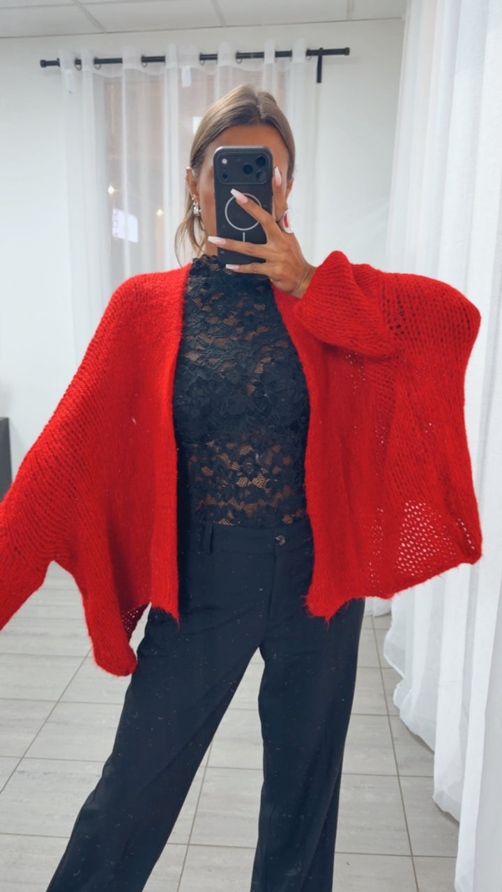 Oversize Strick Cardigan mit 3/4 -  Fledermausärmeln, offen / rot Art. 16215