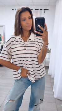 gestreiftes Strick oversize T-shirt mit Kragen/  Creme-rosa-braun Art.15188