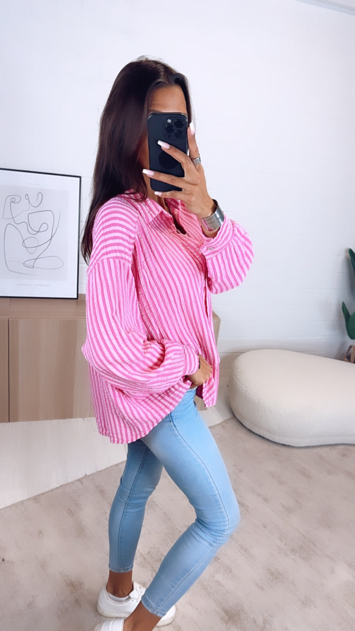 KURZE Oversize Musselin Bluse, breite Streifen / pink - rosa Art. 6518