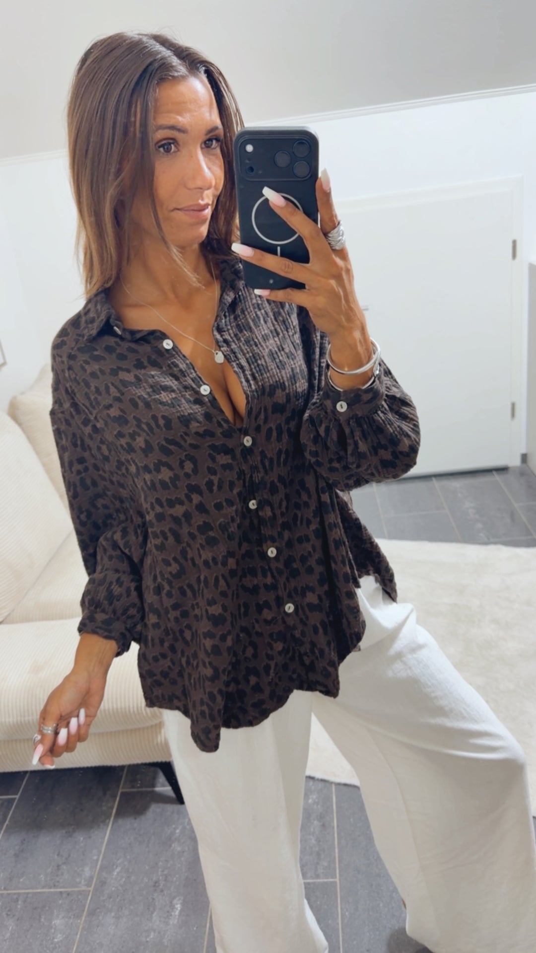 KURZE Oversize Musselin Bluse / Leo braun - schwarz Art. 15661