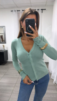 Feinstrick Cardigan mit kleinen Knöpfen, V-Ausschnitt / soft mint Art. 16209