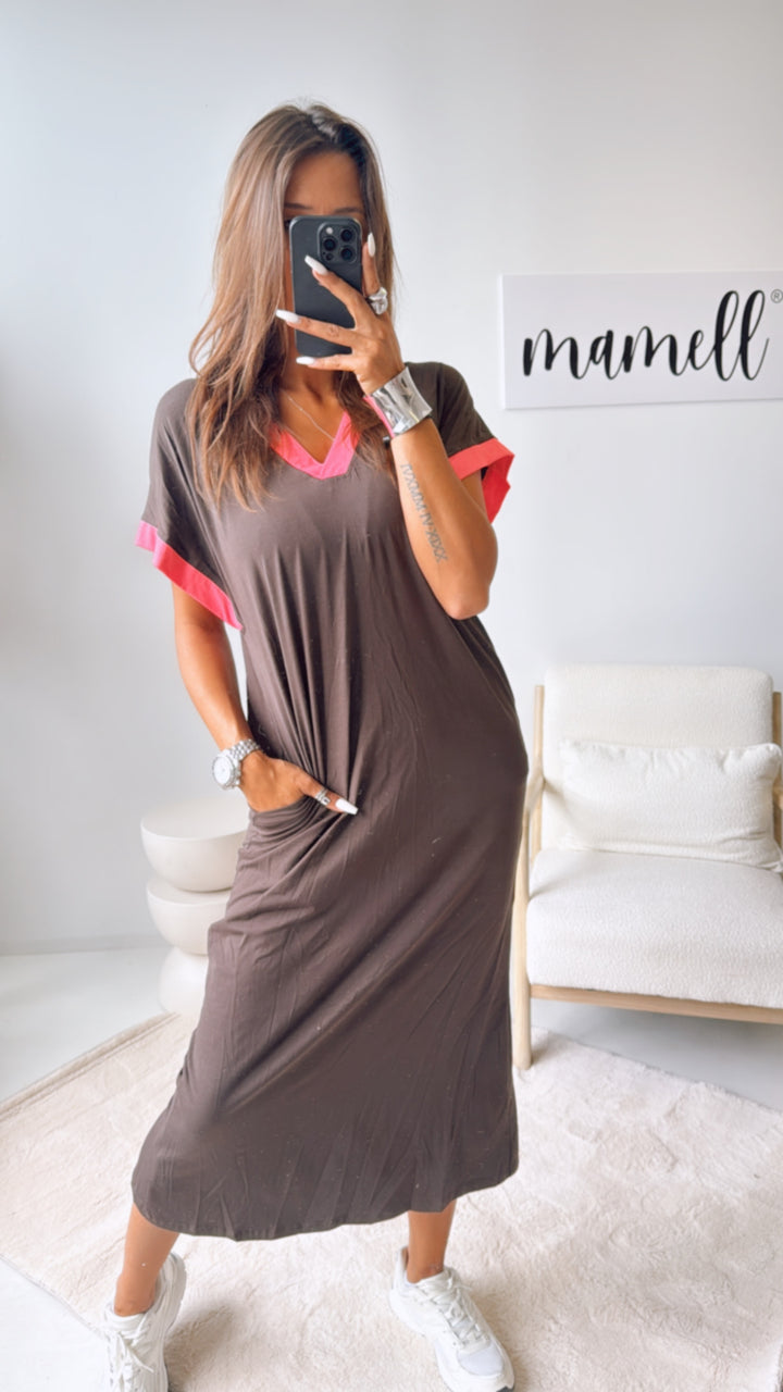 (Maxi-) T-shirt Kleid, abgesetzte Ärmel / braun - pink Art. 10826