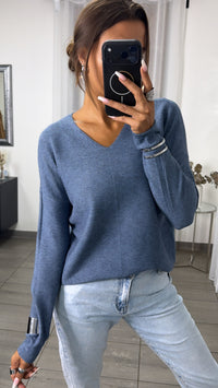 Gerippter Feinstrick Pullover mit V-Ausschnitt / denim blau Art.16366