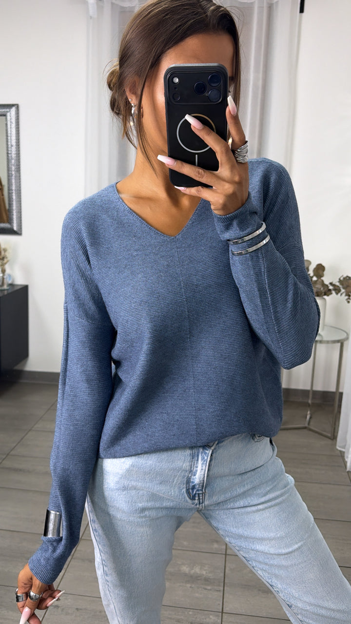 Gerippter Feinstrick Pullover mit V-Ausschnitt / denim blau Art.16366