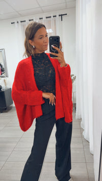 Oversize Strick Cardigan mit 3/4 -  Fledermausärmeln, offen / rot Art. 16215