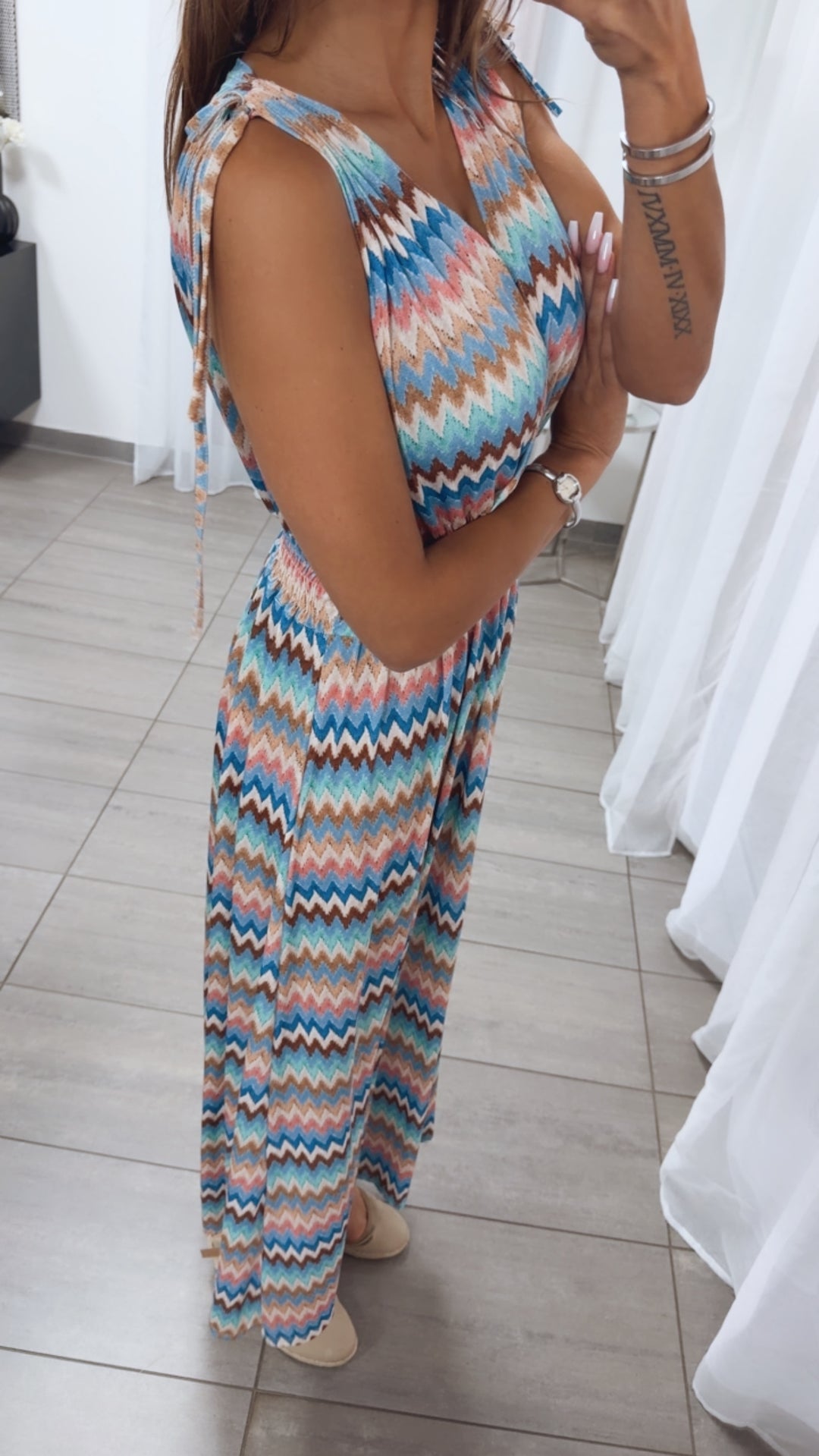 MAXI ZICKZACK Kleid mit breiten Trägern und geraffter Taille / blau Töne Art.15059
