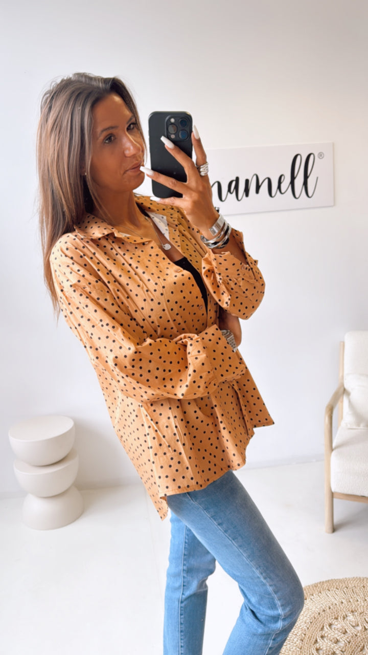 Bluse mit Punkten / light camel - schwarz Art. 10536