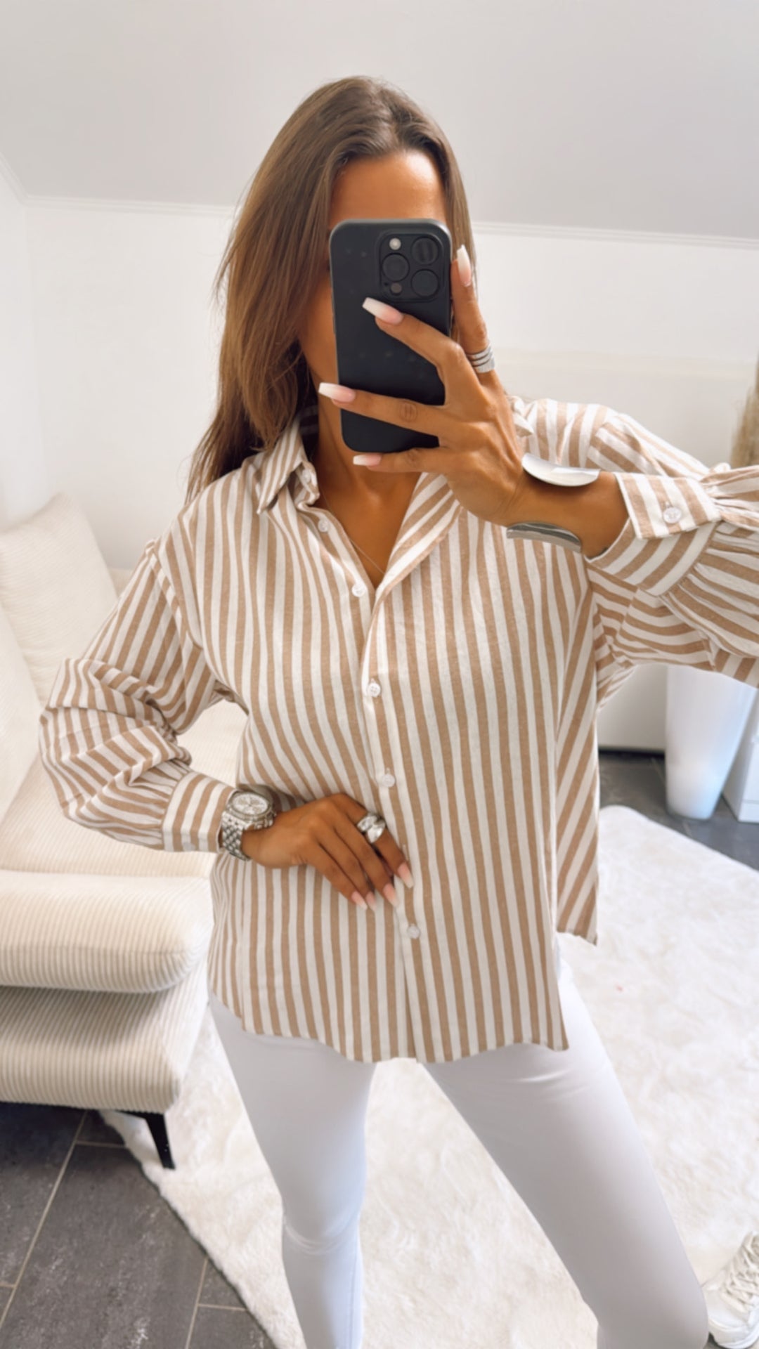 gestreifte Baumwoll Bluse, Leinen Look / beige - weiss Art. 10947