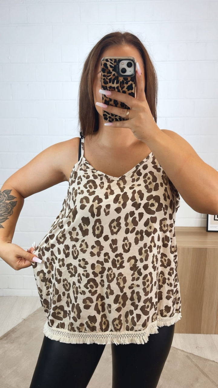 LEO Top mit Fransen Saum / creme - beige - taupe Art. 11002