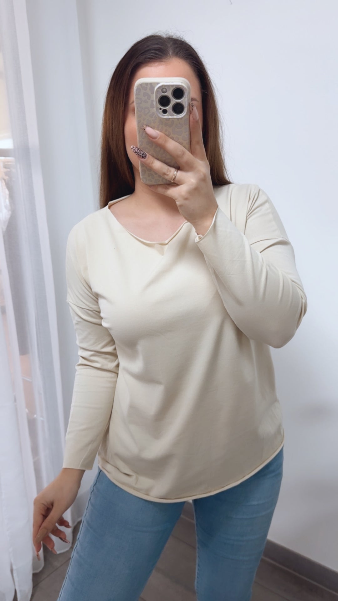 Baumwoll Basic Langarm Oberteil / creme Art. 14242