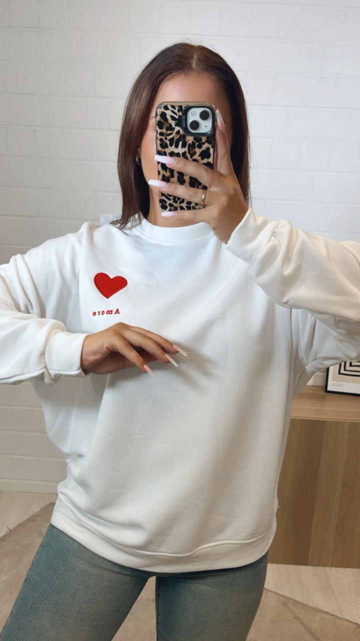 oversize Pullover " Amore " / weiß - rot Art. 12285