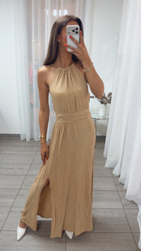 Neckholder Maxi Kleid mit Ring Detail / beige Art. 15911