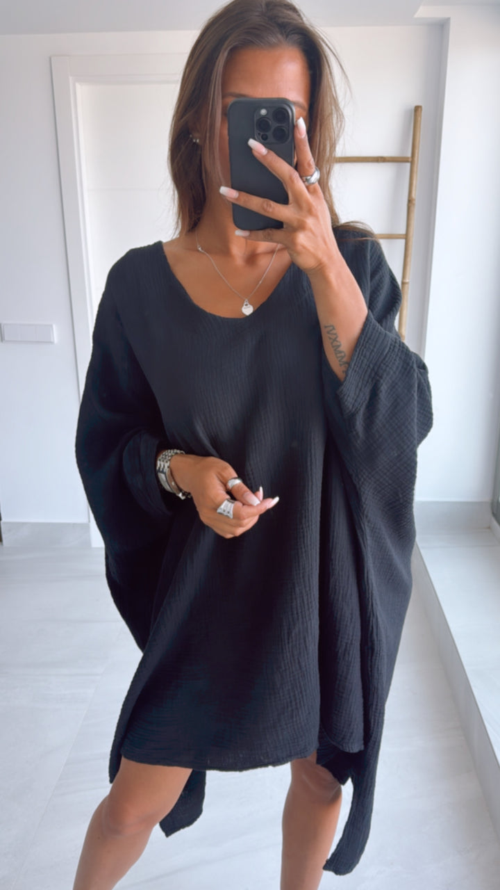 Musselin Ultra Vokuhila Long Bluse / schwarz Art. 9776