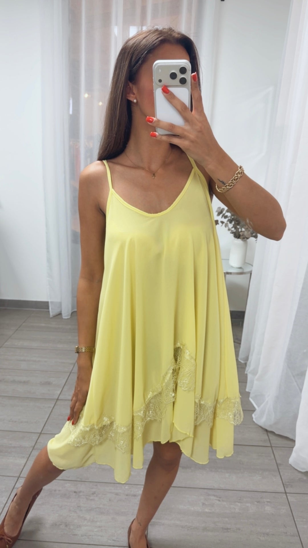 Langes Blusen Top mit Spitzenapplikation / citrus gelb Art.15602