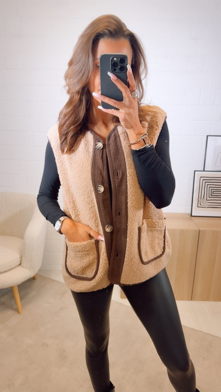 TEDDY Weste mit Cord Applikationen / camel - dunkel braun Art. 13092