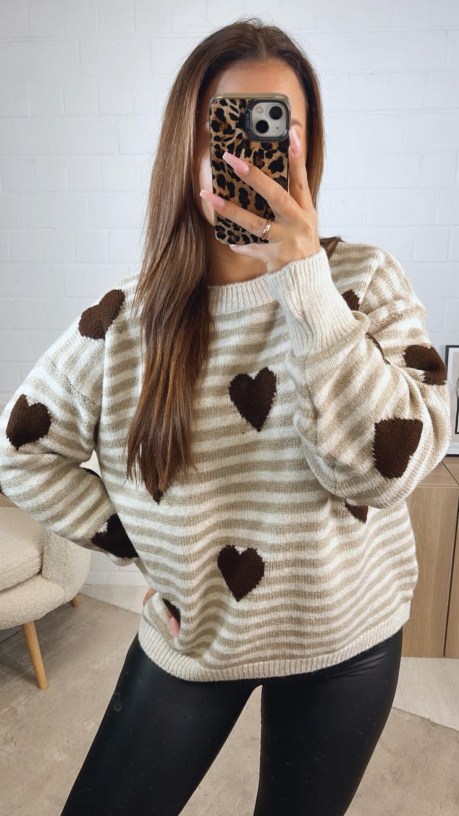 STREIFEN - HERZEN Strick Pullover / beige - schoko braun - creme Art.