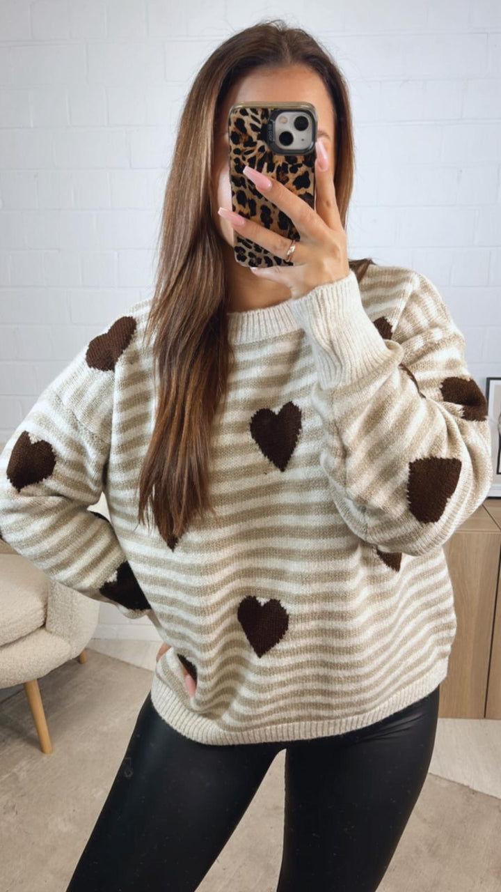 STREIFEN - HERZEN Strick Pullover / beige - schoko braun - creme Art.