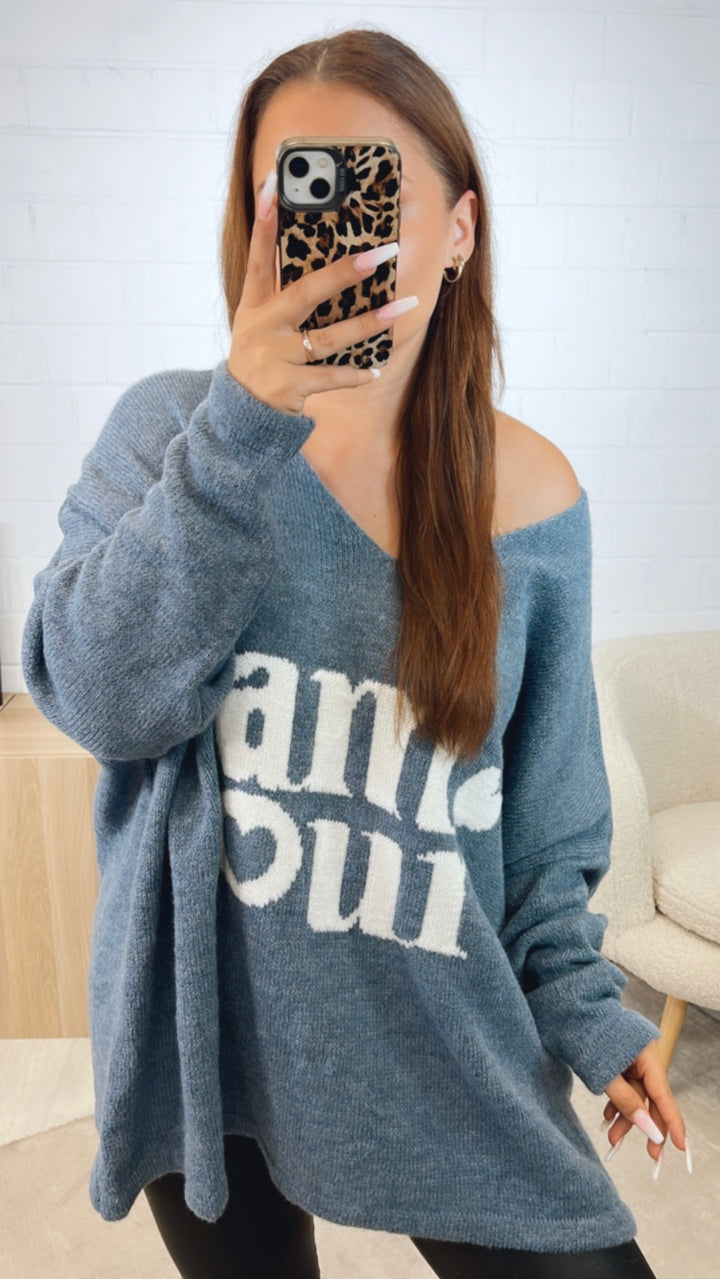 weiter Strick Pullover " Amour " / Denim blau - weiss Art. 12424