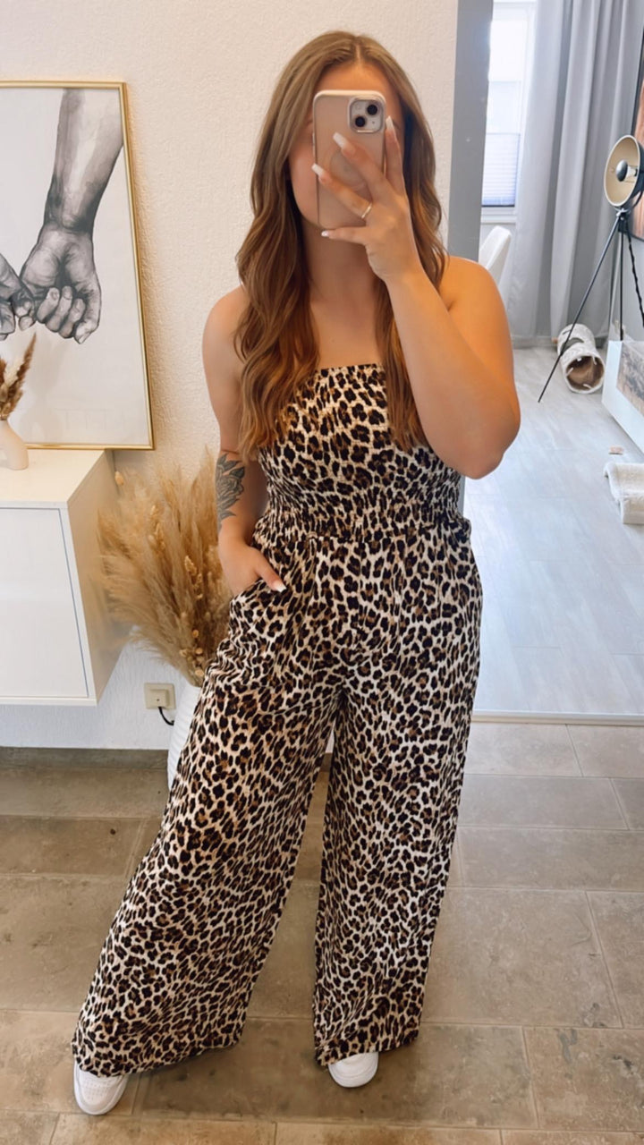 trägerloser, langer LEO Jumpsuit / braun - schwarz Art. 10734