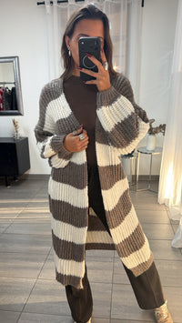langer Grobstrick Cardigan mit Streifen / taupe - creme Art. 16527