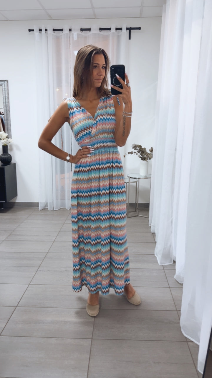 MAXI ZICKZACK Kleid mit breiten Trägern und geraffter Taille / blau Töne Art.15059