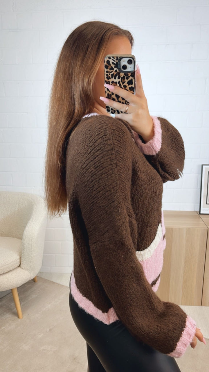 dreifarbiger Cardigan / dunkel braun - rosa - creme Art. 12500