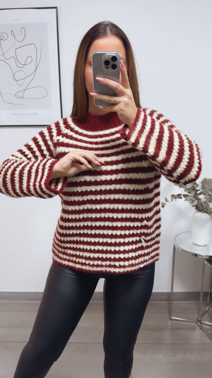 ausgefallener Strick Pullover mit Streifen / bordeaux rot - soft gelb Art. 13300