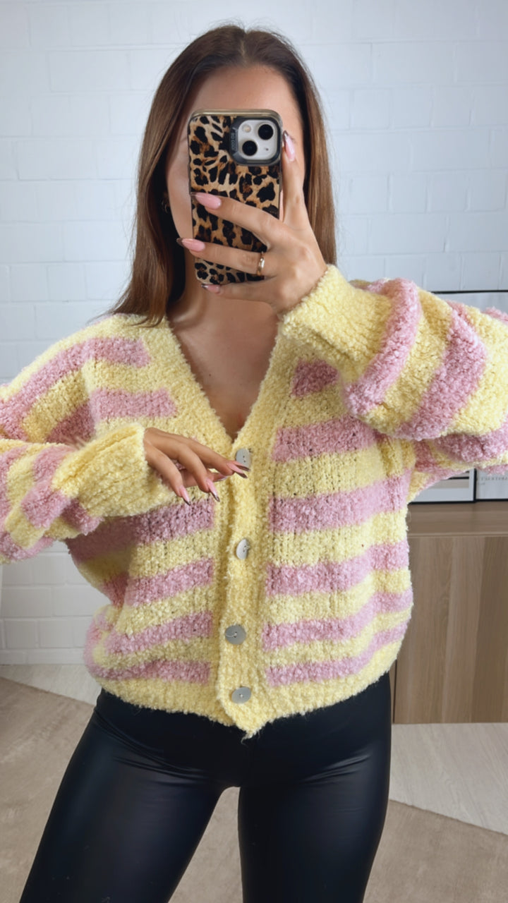 TEDDY STREIFEN Cardigan mit Perlmutt Knöpfen / soft gelb - soft rosa Art. 13020