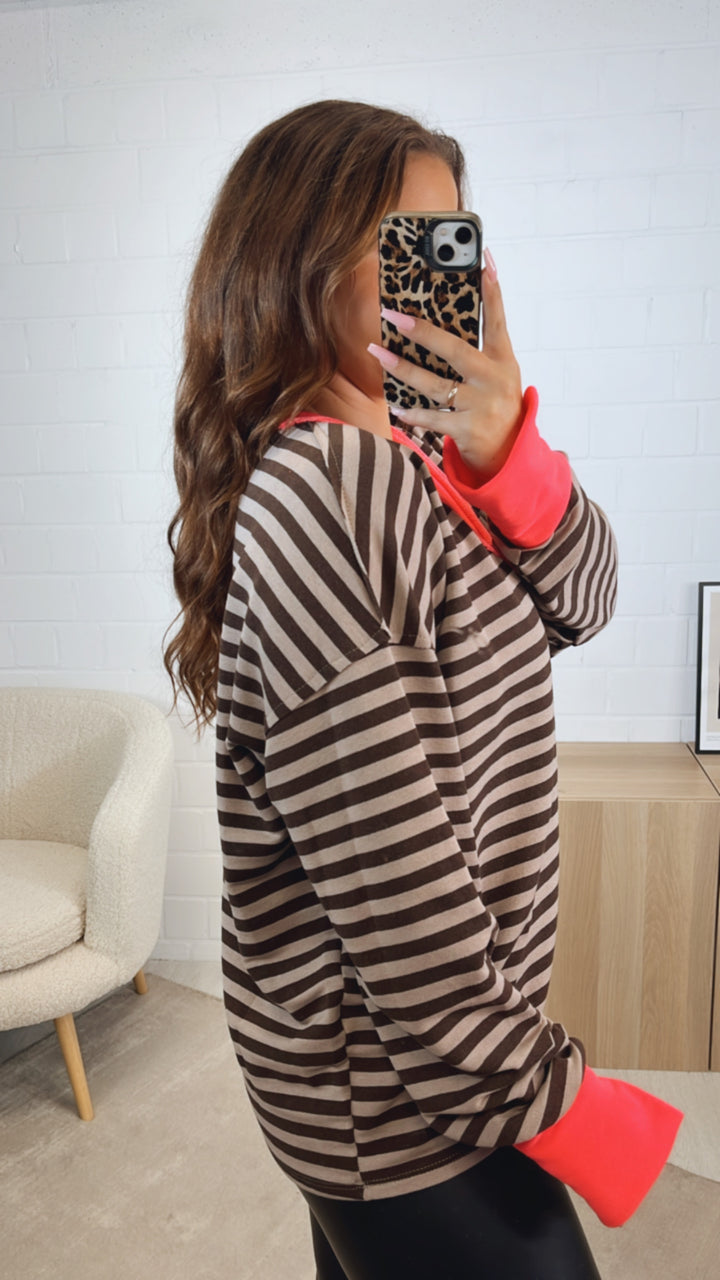 STREIFEN Sweater mit used V-Ausschnitt / braun - taupe - neon pink Art. 12598