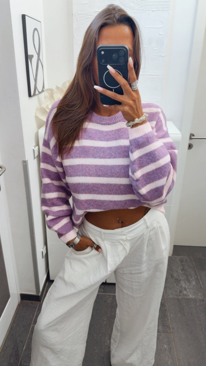 gestreifter, weicher Strick Pullover / flieder lila - weiss Art. 16121