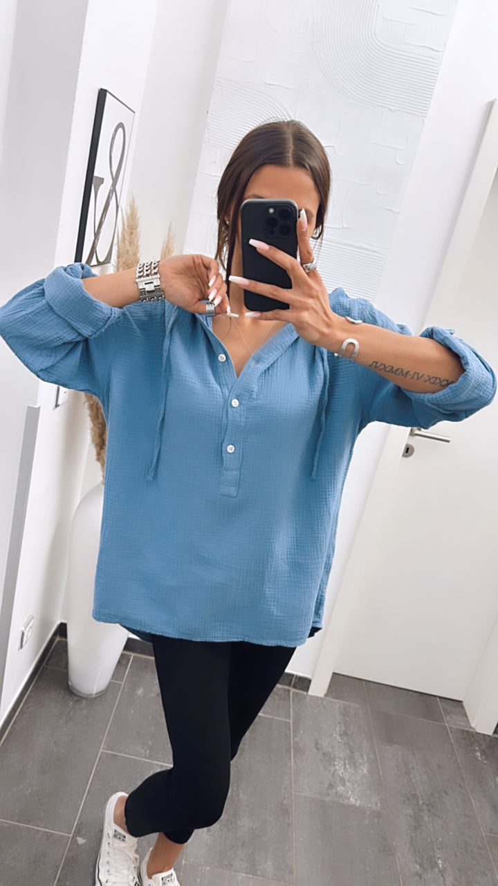 Kapuzen Musselin Bluse / taubenblau Art. 6061