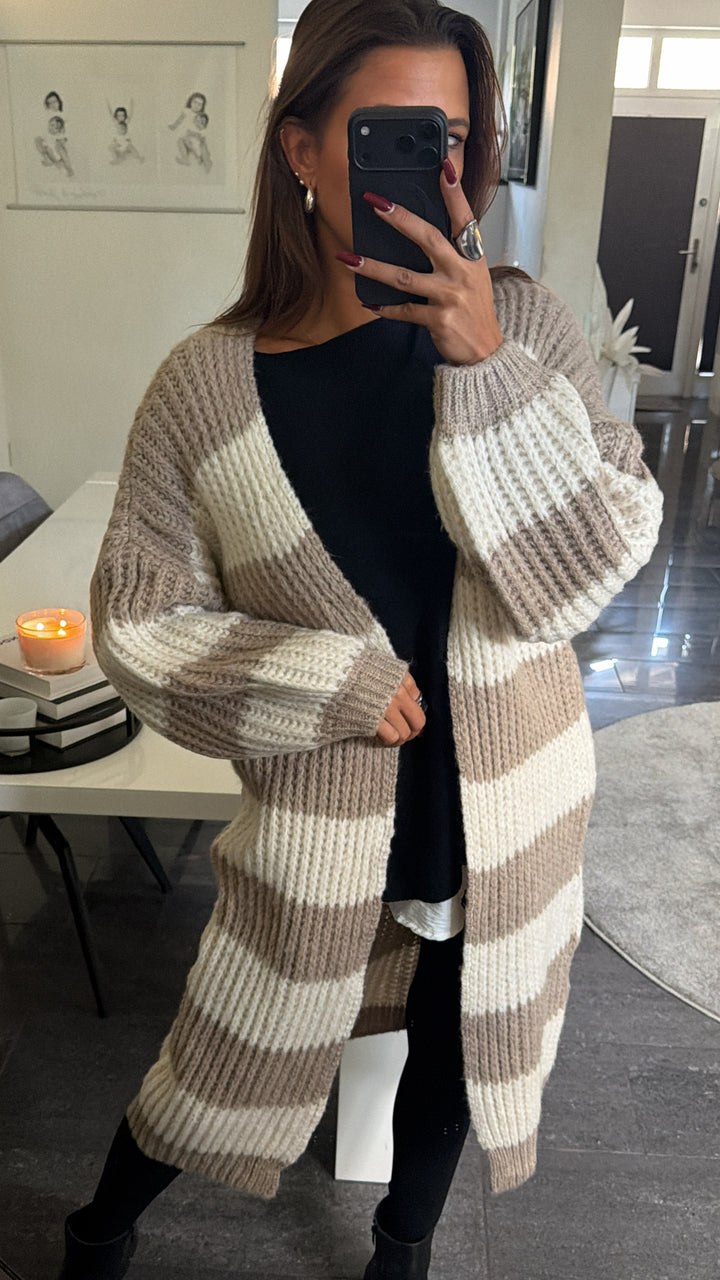 langer Grobstrick Cardigan mit Streifen / beige - creme Art. 16526