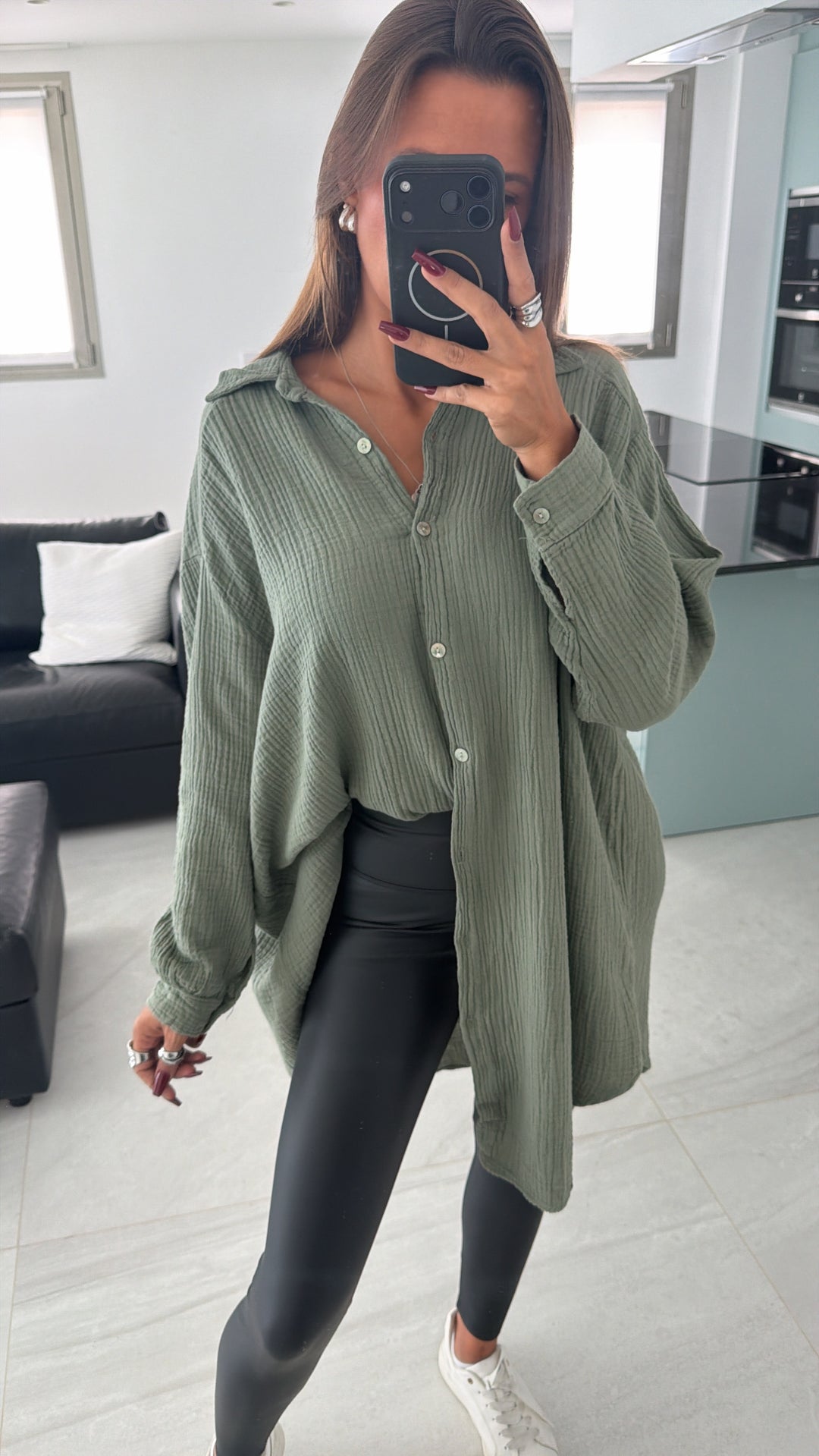 LANGE Oversize Musselin Bluse / khaki Art. 12465