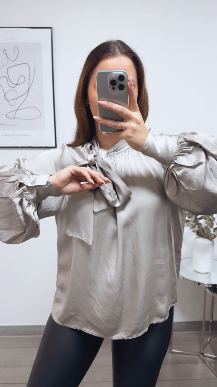 SEIDE MIX Bluse mit seitlicher Schleife / beige grau Art. 13219