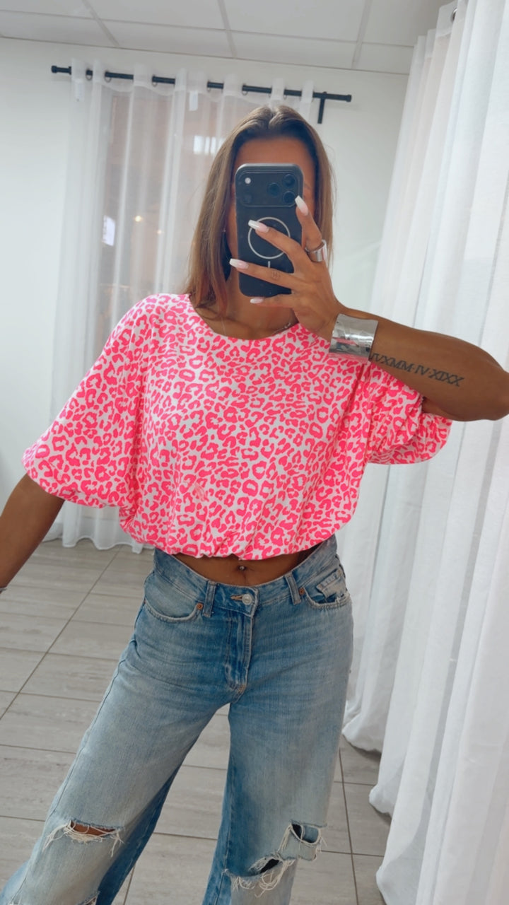 LEO Crop Ballon Oberteil / weiss - neon pink Art. 15851